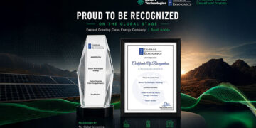 Khaled Sharbatly receives the Best Emerging Visionary Leader in Clean Energy and Smart Infrastructure award at The Global Economics Awards 2026 in Saudi Arabia.
